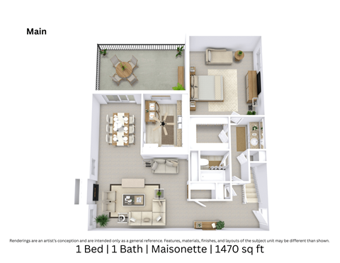 Floor plan for 1 bed, 1 bath, 1470 sqft